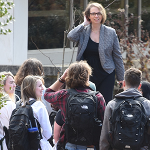 Students with campus guide